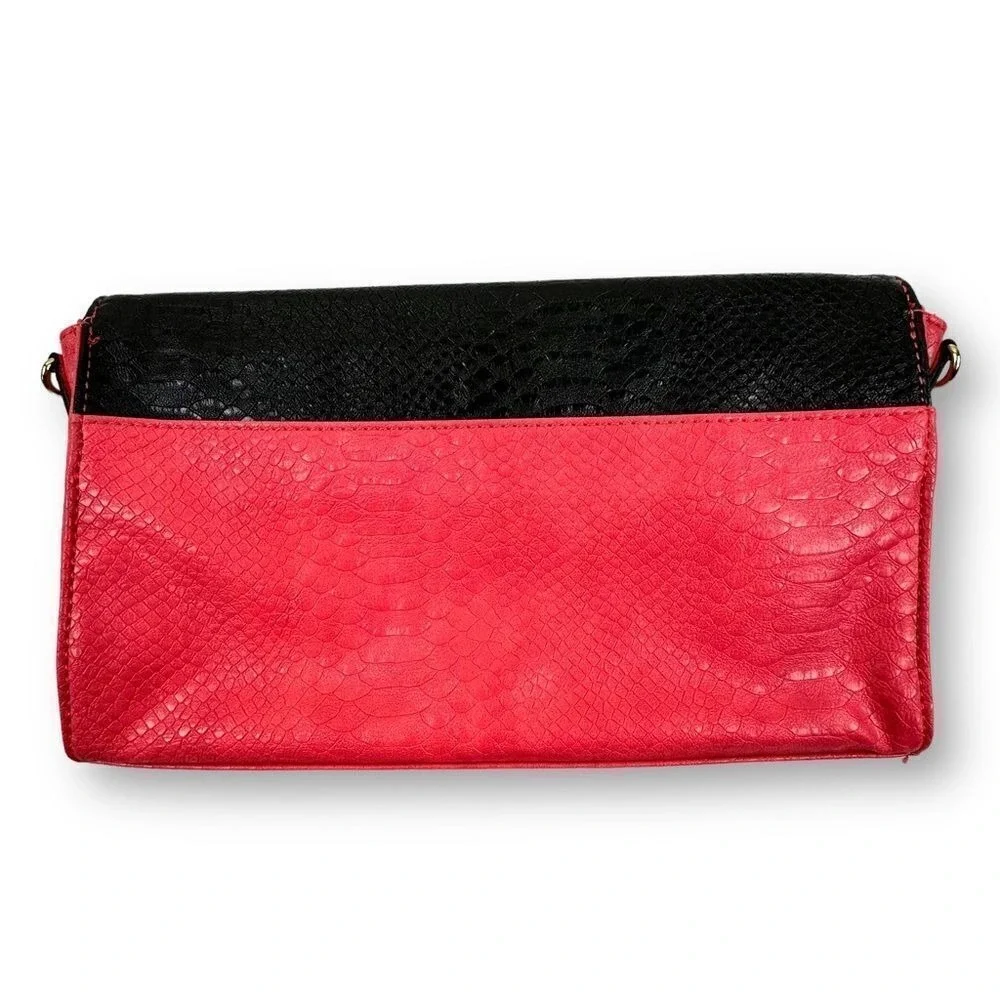 Snakeskin Print‎ Envelope Clutch Bag Black Pink Colorblock Gold Stud Accent